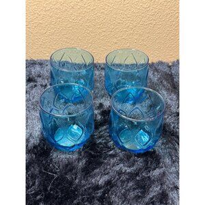 Vintage Anchor Hocking Madrid Aqua Blue Rock Glass Quilted Cocktail Set Of 4